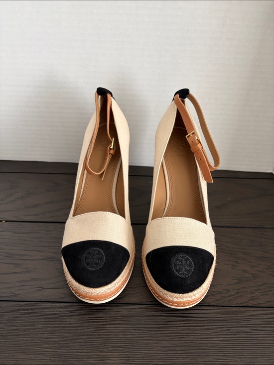 Tory Burch Shoes - Tory Burch Beige Canvas Espadrille Wedges with Black Toe Cap